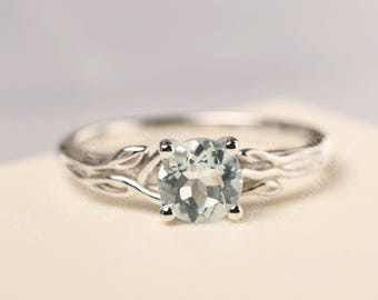 Aquamarine March birthstone ring round cut silver branch with leaves wedding ring