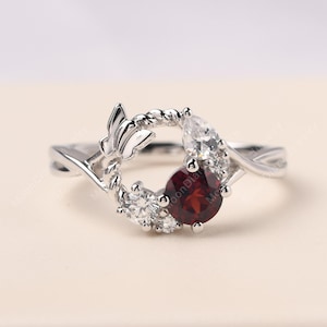 Natural garnet ring sterling silver butterfly ring round cut cluster wedding ring January birthstone