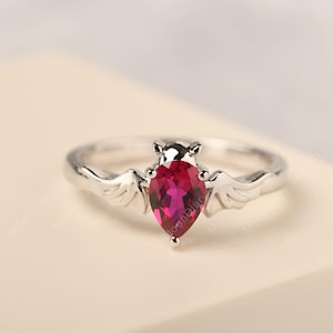 Red vampire bat ring unique ruby engagement ring pear cut solid silver July birthstone