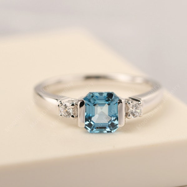 Asscher cut Swiss blue topaz wedding ring silver light blue November birthstone ring