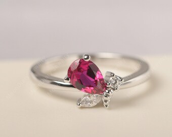 July birthstone ruby engagement ring solid sterling silver honey bee insect ring pear cut red gemstone