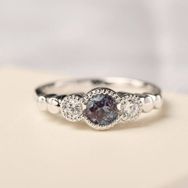 Vintage alexandrite engagement ring sterling silver three stone milgrain ring June birthstone