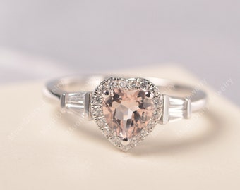 Heart shaped natural pink morganite wedding ring solid sterling silver halo ring anniversary gifts