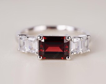 Garnet Stone Ring Engagement Ring White Gold Anniversary Ring January Birthstone with Baguette Cut Side Stones