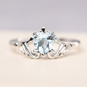 Delicate aquamarine claddagh engagement ring sterling silver heart cut March birthstone ring