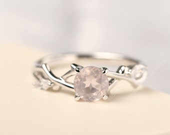 Rose quartz twig ring sterling silver round cut pink quartz branch wedding ring