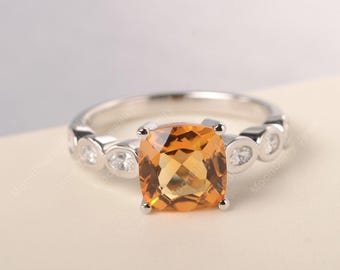 Anello in argento sterling con citrino naturale autentico, taglio a cuscino, pietra portafortuna di novembre, anello fatto a mano