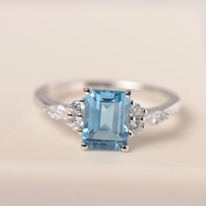 Real Swiss blue topaz ring solid white gold emerald cut light blue gemstone November birthstone engagement ring