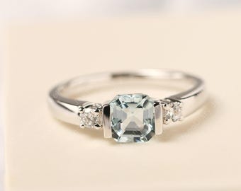 Vintage aquamarine ring asscher cut blue stone multistone ring March birthstone