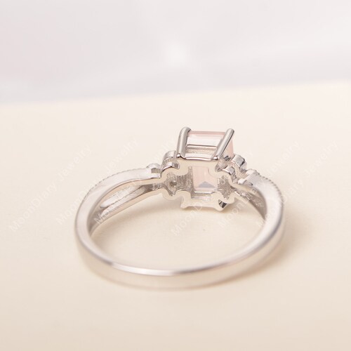 Anniversary ring pink shops quartz ring pink gemstone rose quartz emerald cut sterling silver lovely ring gift for her