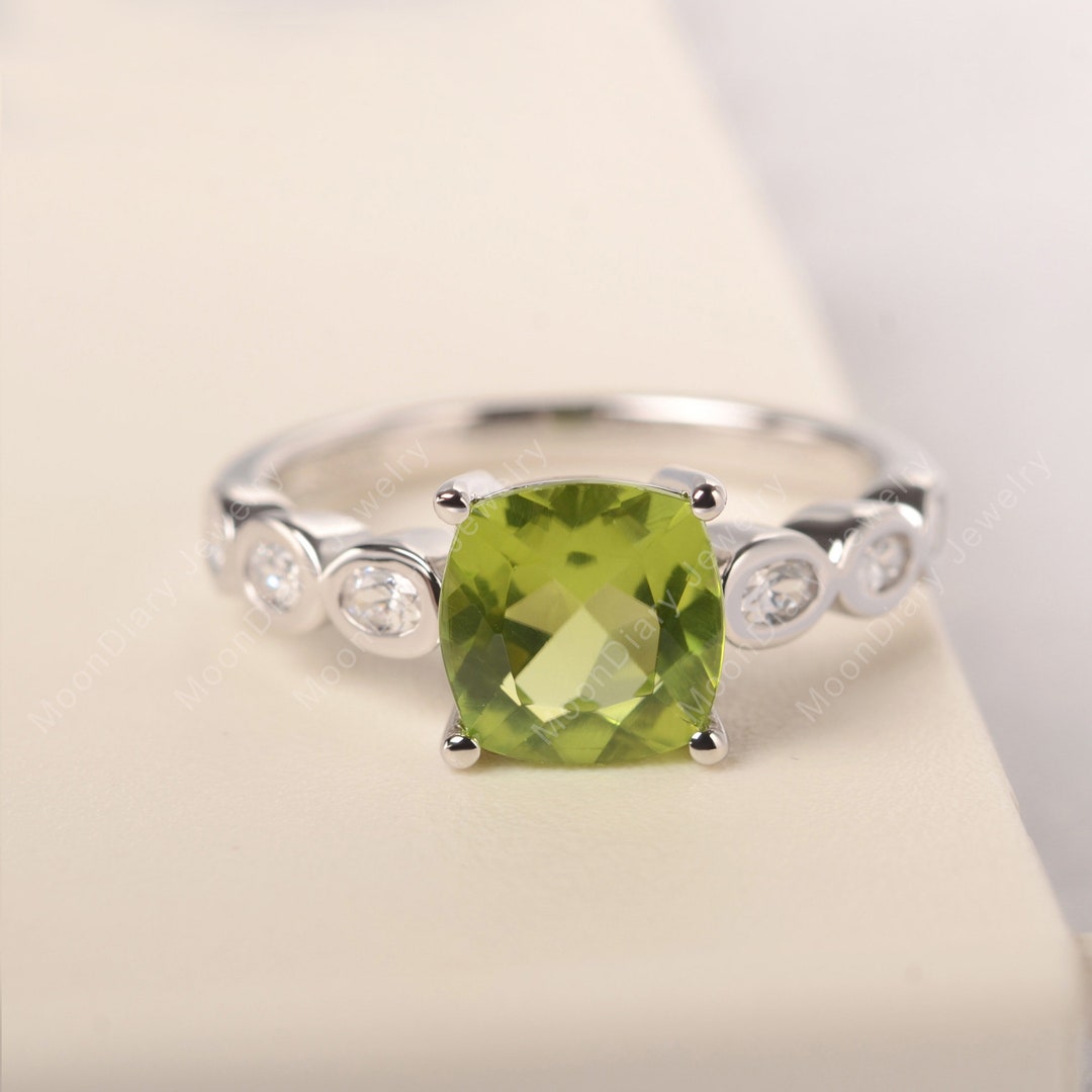 Vintage Peridot Promise Ring White Gold Cushion Cut August Birthstone