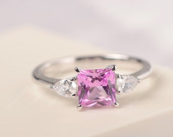 Pink sapphire proposal ring solid silver princess cut pink gemstone handmade unique vintage statement ring