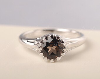 Genuine smoky quartz engagement ring sterling silver brown gemstone round cut plain band simple daily wear ring
