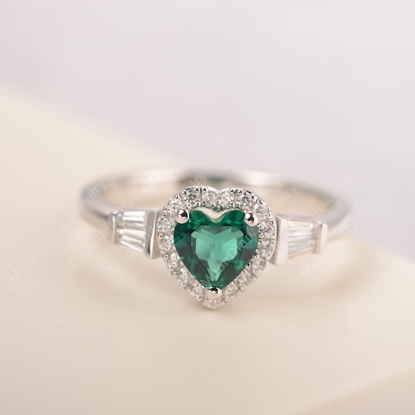 May birthstone emerald engagement ring sterling silver heart shaped halo ring handmade gift