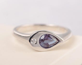 Alexandrite signet ring color changing gemstone bezel setting pear cut unique wedding ring June birthstone