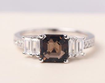 Smoky quartz bridal ring asscher cut 7x7 mm silver custom milgrain wedding ring