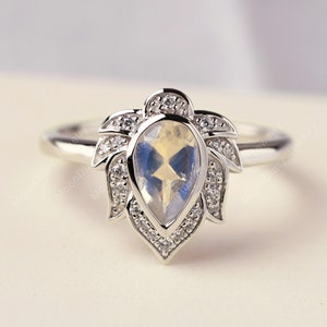 Custom moonstone ring sterling silver pear shaped 7x5 mm lotus flower ring spiritual ring gift for Yoga teacher