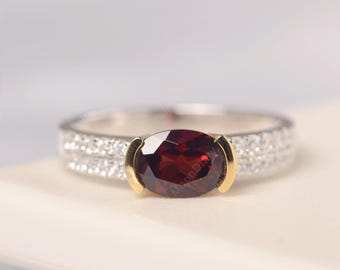 Anillo de plata esterlina con granate engastado en medio bisel, piedra preciosa de color rojo intenso de corte ovalado, piedra natal de enero, anillo chapado en oro amarillo
