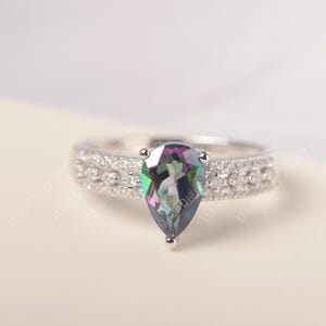 Real rainbow topaz wedding ring mystic topaz statement ring tear drop shaped solid sterling silver November birthstone