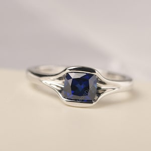 September birthstone sapphire anniversary ring solid silver cushion cut plain band solitaire ring