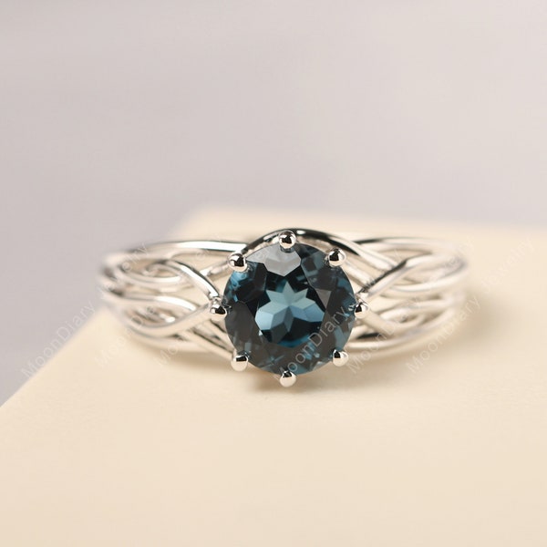 November birthstone ring real London blue topaz ring round cut solid sterling silver solitaire engagement ring