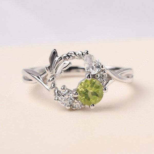 Unique butterfly cluster ring round shaped peridot ring sterling silver statement ring August birthstone