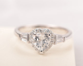 November birthstone natural white topaz ring 14K white gold heart shaped halo unique engagement ring