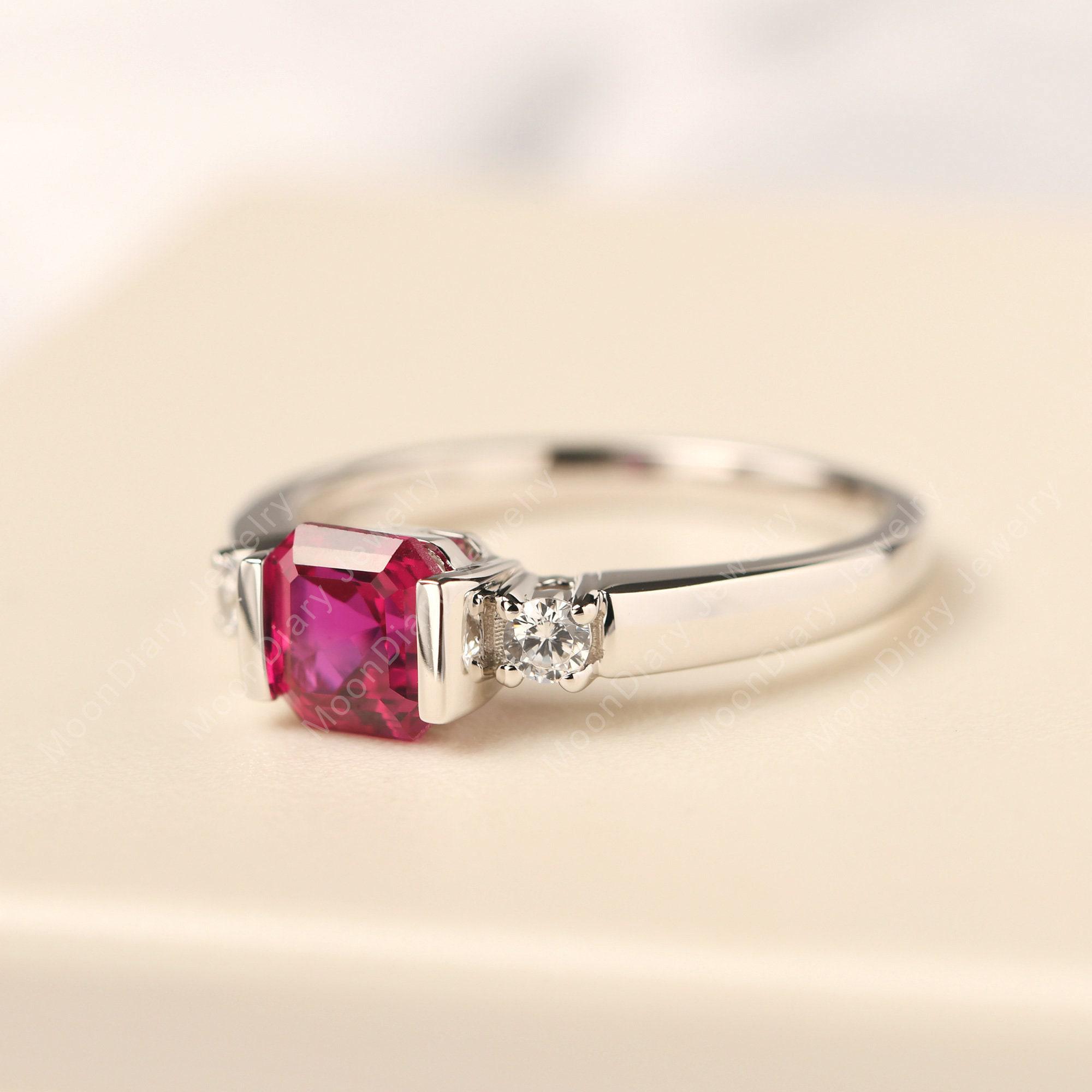 Asscher Cut Ruby Engagement Ring Silver Simple Ring July Birthstone - Etsy