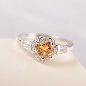 Heart cut natural citrine gold anniversary ring sterling silver yellow gemstone November birthstone ring