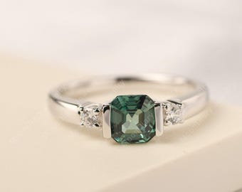 Green sapphire anniversary ring asscher cut sterling silver unique daily ring