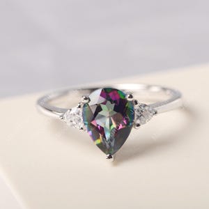 Genuine mystic topaz proposal ring pear cut solid sterling silver rainbow topaz cocktail ring