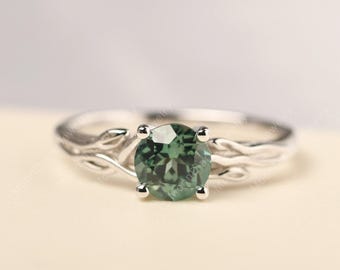 Twig wedding  ring sterling silver round cut green sapphire statement ring