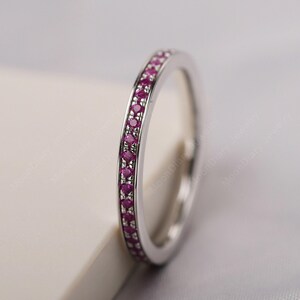 Round cut ruby eternity wedding band stackable ring delicate July birthstone stacking ring