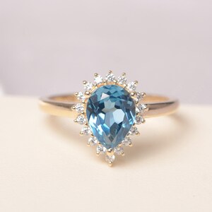 Real London blue topaz halo ring pear cut 14k solid yellow gold ring handmade birthday gift November birthstone