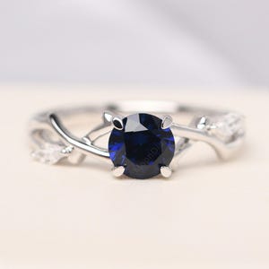 Blue sapphire twig engagement ring round cut silver September birthstone ring
