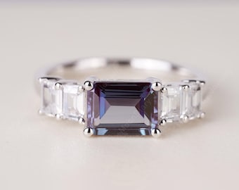Alexandrite Stone Ring Statement Ring with Baguette Cut Side Stones and Emerald Cut June Birthstone ring
