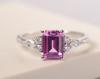 Pink sapphire ring emerald cut pink stone 14k solid white gold antique rectangle ring anniversary gift