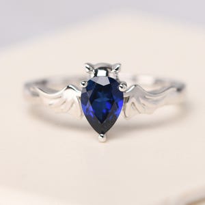 Custom animals vampire bat ring sapphire statement ring pear cut sterling silver September birthstone