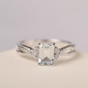 Natural white topaz ring emerald cut split band sterling silver handmade topaz retro ring