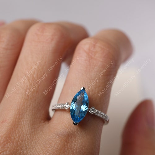 Swiss blue topaz minimalist engagement ring 14k shops white gold marquise cut November birthstone ring