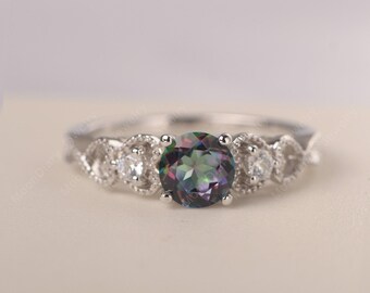 Mystic topaz ring rainbow gemstone white gold round cut engagement ring for women