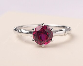 Minimalist Rubin runden Schnitt Bambus Ring Sterling Silber Versprechen Ring Juli Geburtsstein