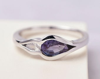 Two stone ring bezel setting pear shaped alexandrite wedding ring June birthstone