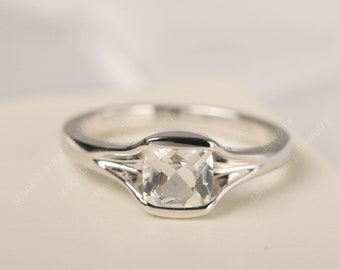 Natural white topaz promise ring cushion cut November birthstone plain band solitaire ring