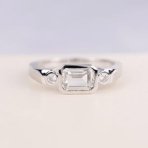 Genuine White Topaz Statement Ring in Solid White Gold/Silver, Emerald Cut Gemstone,Horizontal November Birthstone Engagement Ring