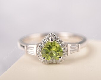 August birthstone natural peridot ring sterling silver heart cut green stone vintage engagement ring