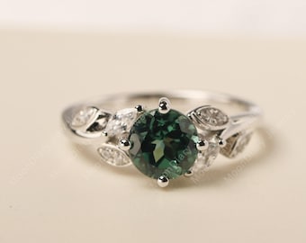 Green sapphire engagement ring with leaves round shaped silver floral ring