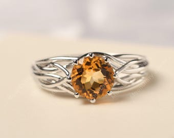 Citine ring sterling silver unique engagement ring yellow stone ring for women