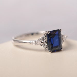 September birthstone blue sapphire cocktail party ring sterling silver emerald cut delicate ring image 2