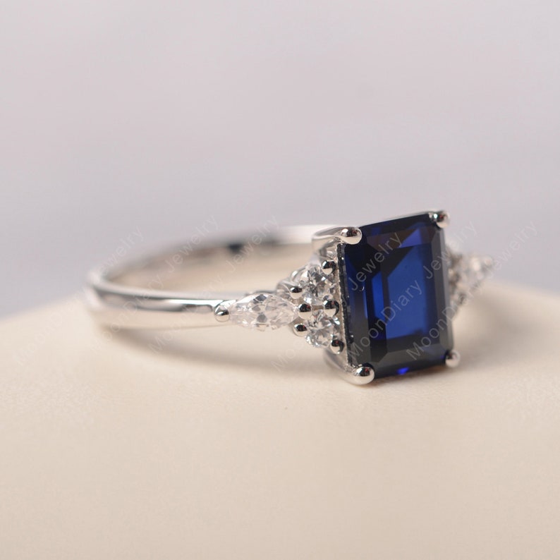 September birthstone blue sapphire cocktail party ring sterling silver emerald cut delicate ring image 2